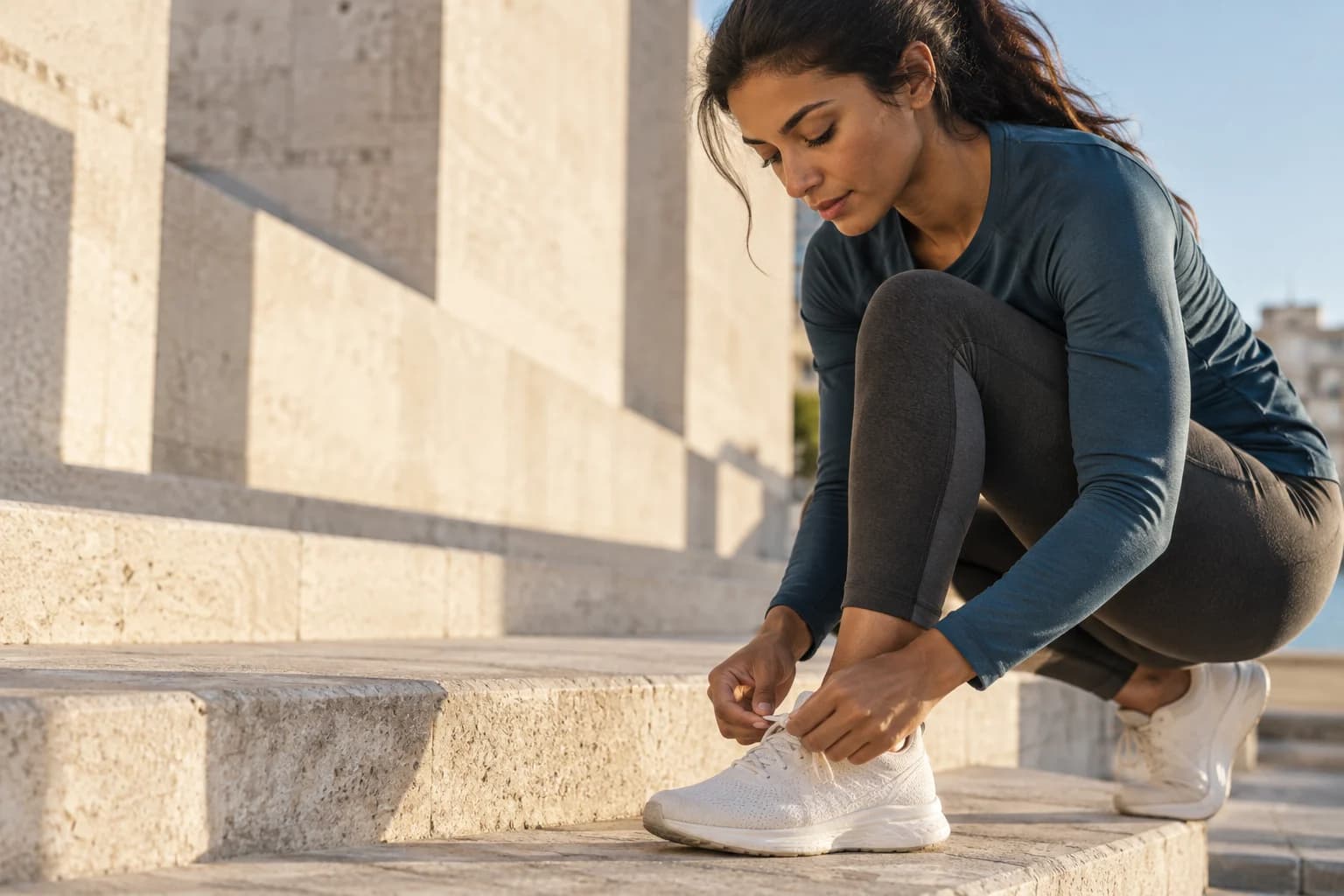 A runner tying her shoes on sunlit steps before heading out.